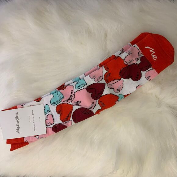 MeUndies Supima Cotton Red Pink Valentine Hearts crew socks size Medium - Picture 1 of 4